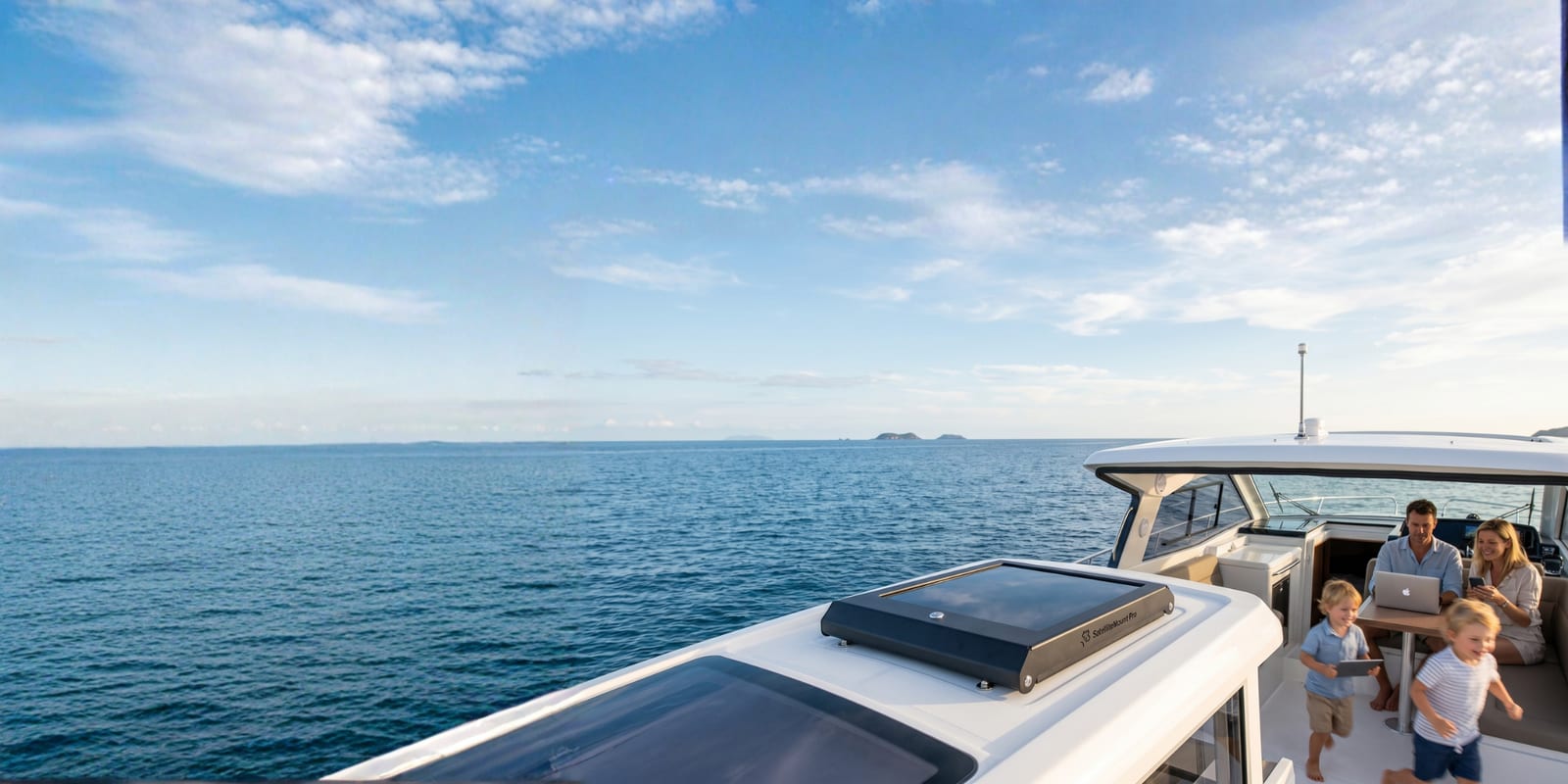 SatelliteMount Pro lockable enclosure for Starlink Mini mounted on a motor yacht at sea, Australian-engineered marine-grade aluminium