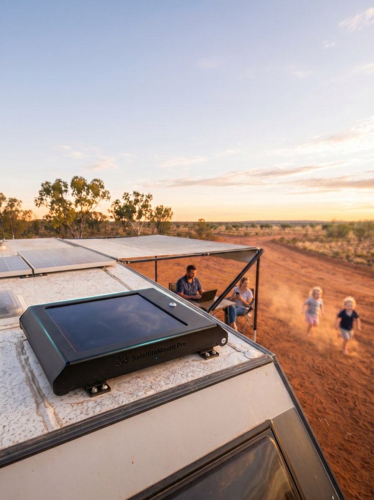 SatelliteMount Pro security mount for Starlink Mini installed on a caravan roof at an Australian outback campsite at sunset