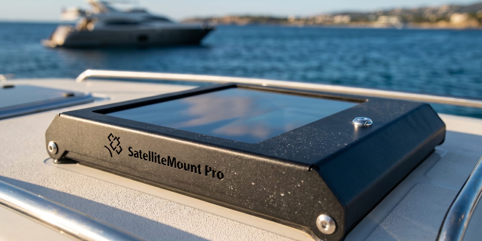 SatelliteMount Pro installed on a motor yacht railing with Mediterranean coastline in the background
